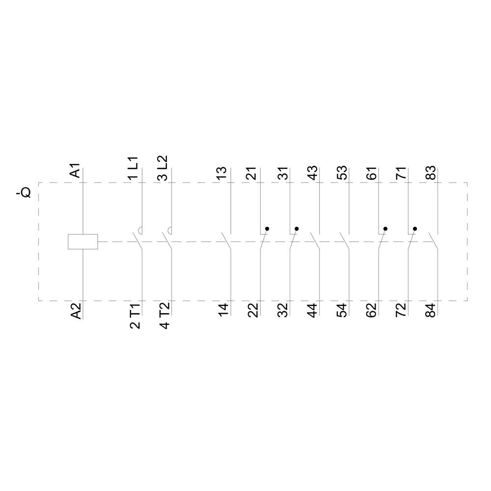 'Electrical circuit diagram' of a contactor with labels: L1, L2, T1, T2 and numbered contacts from 13 to 84.