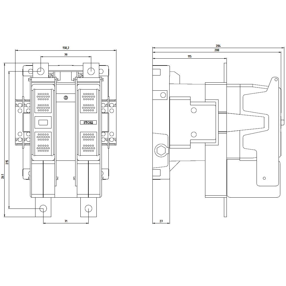 Technical drawing of a contactor with dimensions and detailed views from the front and side perspectives for installation purposes.