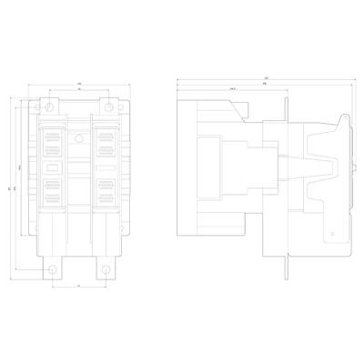 Technical drawing of a device with front and side view. Dimensions are indicated, details of switches and connections are visible.