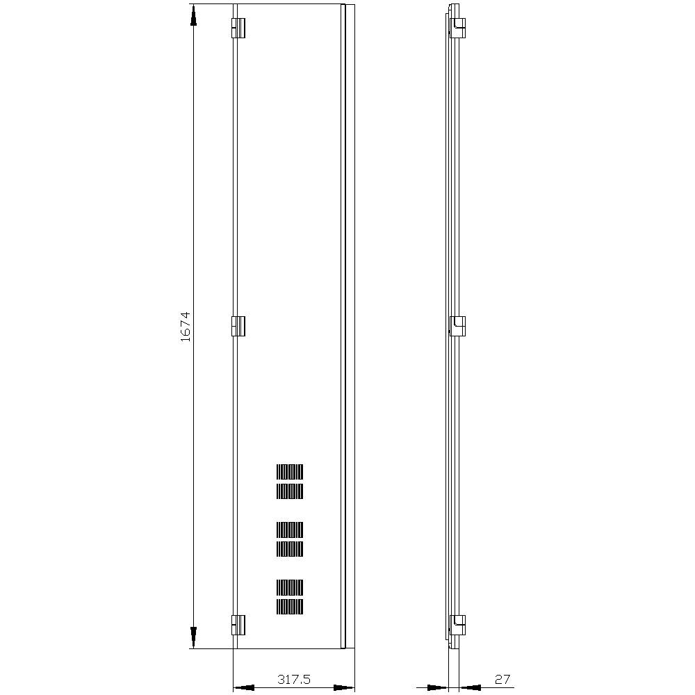 'Construction drawing of a vertical rectangular enclosure with ventilation grilles, 1674 mm high, 317.5 mm wide, 27 mm deep.'