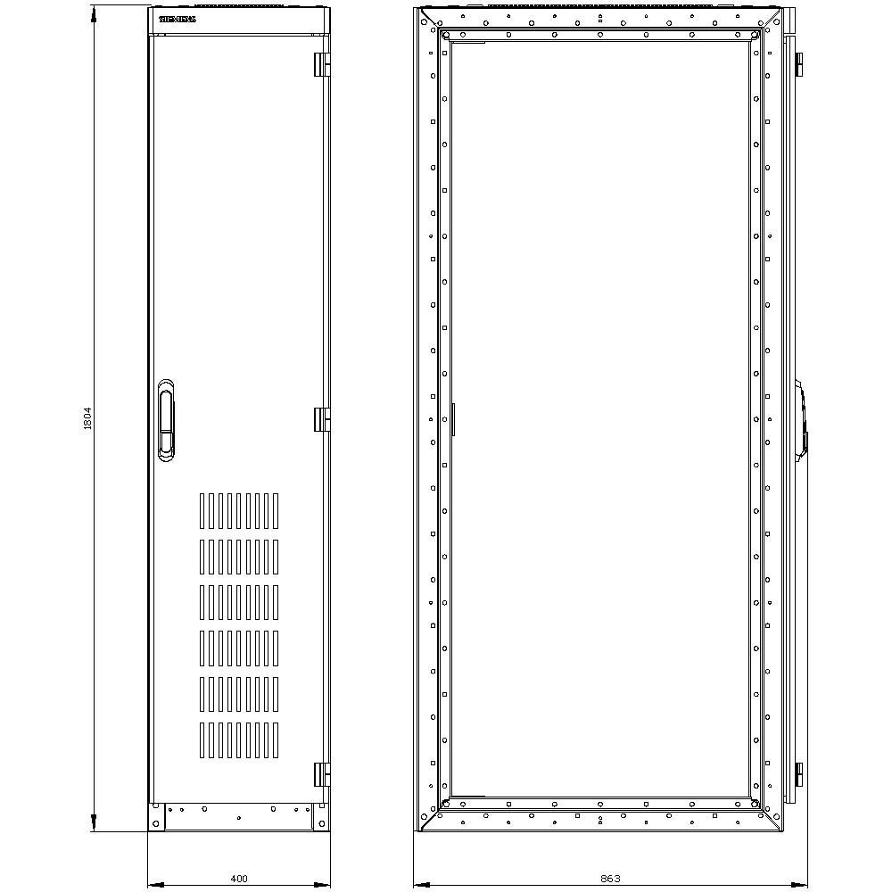 Technical drawing of a rectangular electrical cabinet with precise dimensions and ventilation details. Left view shows ventilation slots.
