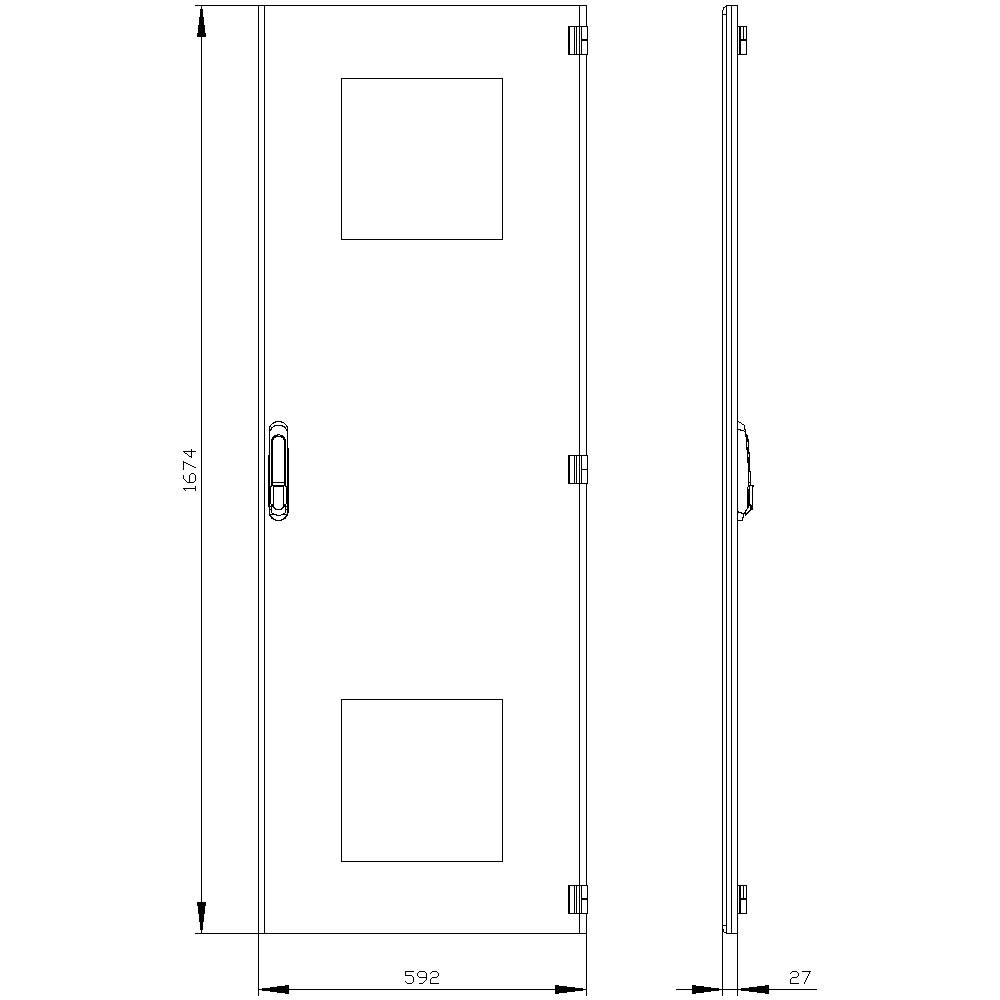 'Door dimensions: Height 1654 mm, Width 592 mm, Depth 27 mm. Contains two square cut-outs and is fitted with a handle.'