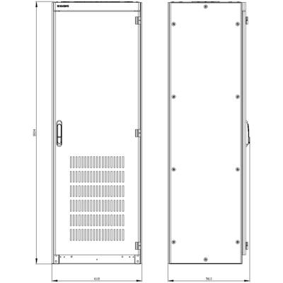 Front and side view of a rectangular metal enclosure with ventilation grilles and dimensions: 1984 mm high, 618 mm wide, 363 mm deep.