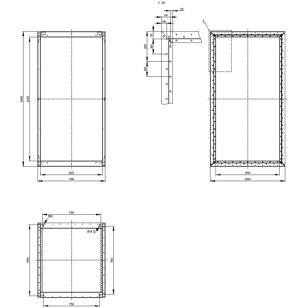 Technical drawing of a rectangular frame with dimensions and detailed view of the top left corner. Shows dimension lines and construction details.