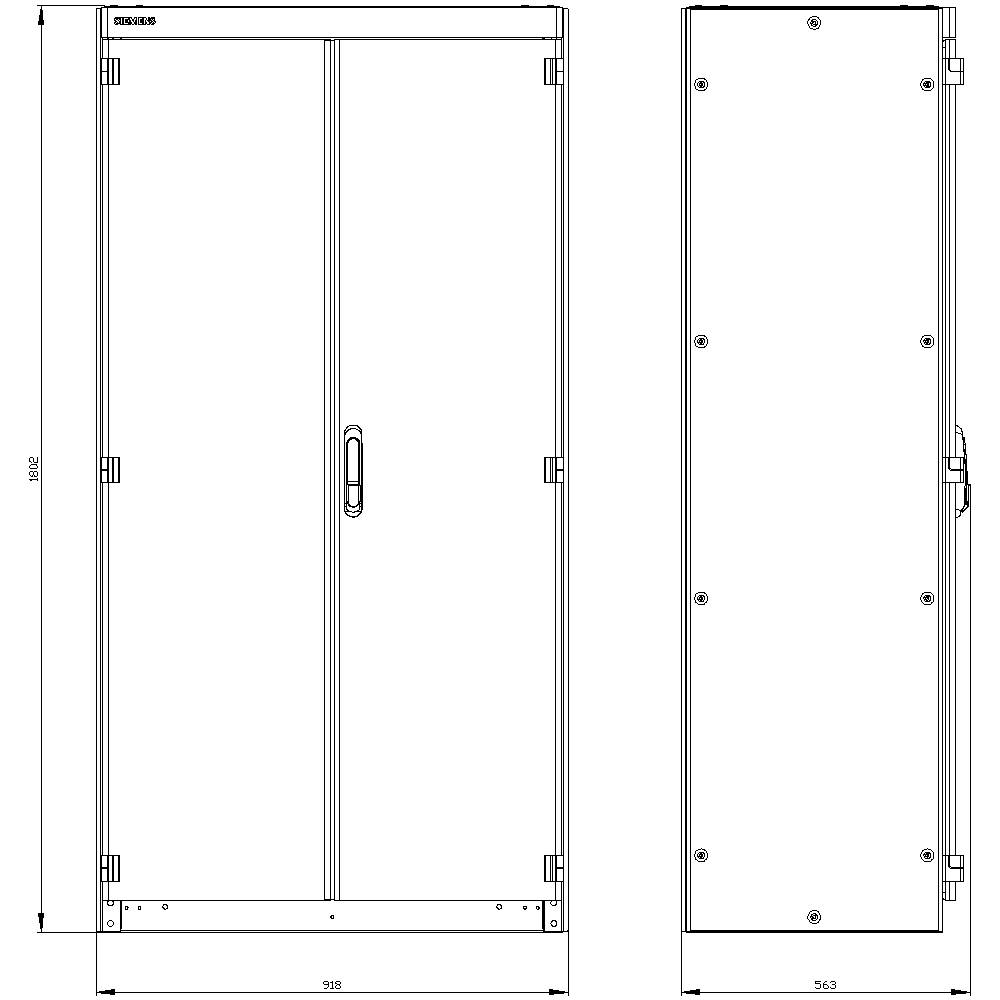 Two technical drawings of a rectangular cabinet with dimensions: 1882 mm high, 928 mm wide, 543 mm deep. Left front view, right side view.