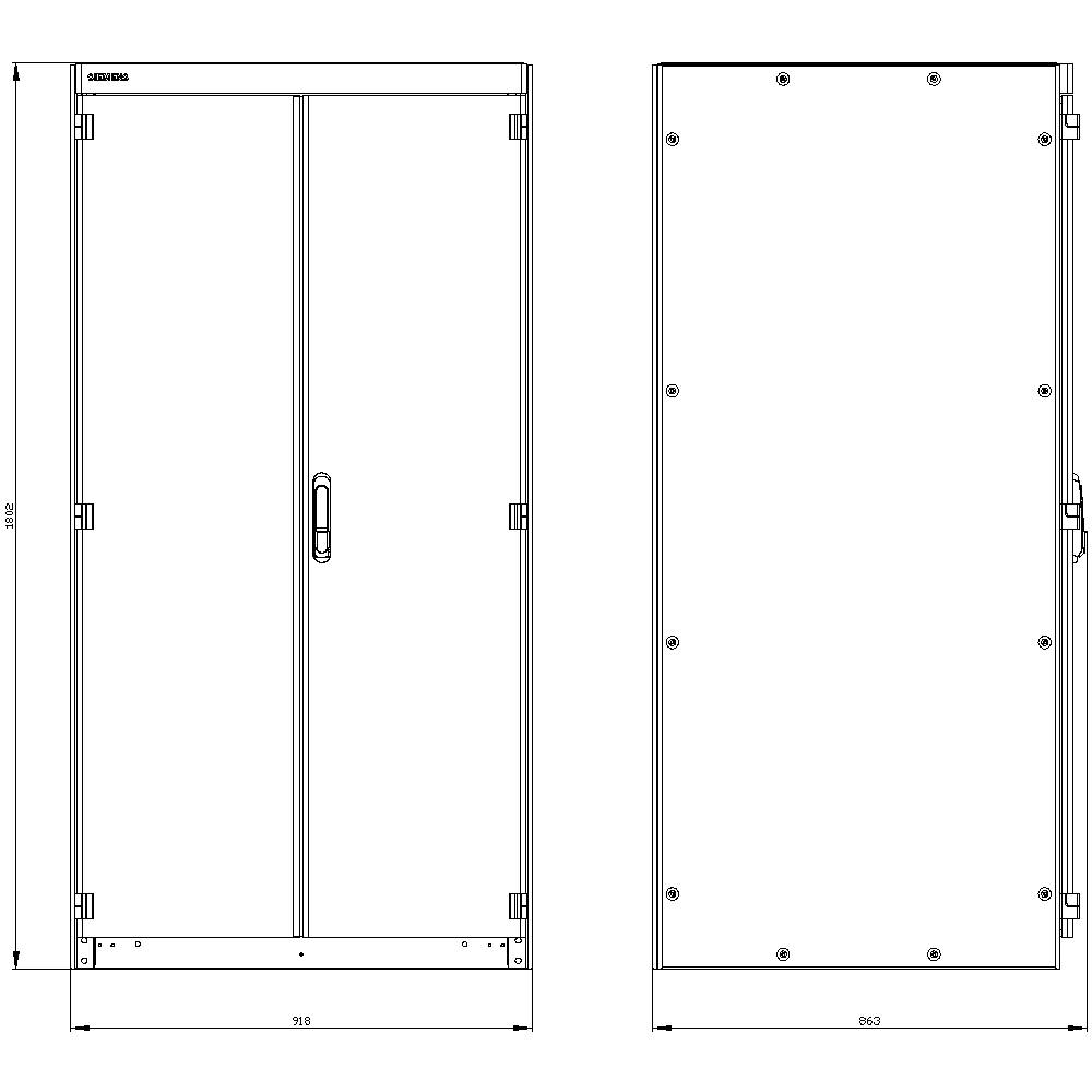 Two technical drawings of a control cabinet from the front and side, with dimensions in millimetres.