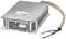 Small metallic box with ventilation slots and multiple cable outlets, likely a technical device such as an adaptor or transformer.