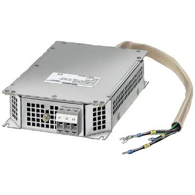 A silver electronic device filter with multiple connection cables and a metal casing. The device has ventilation grilles.