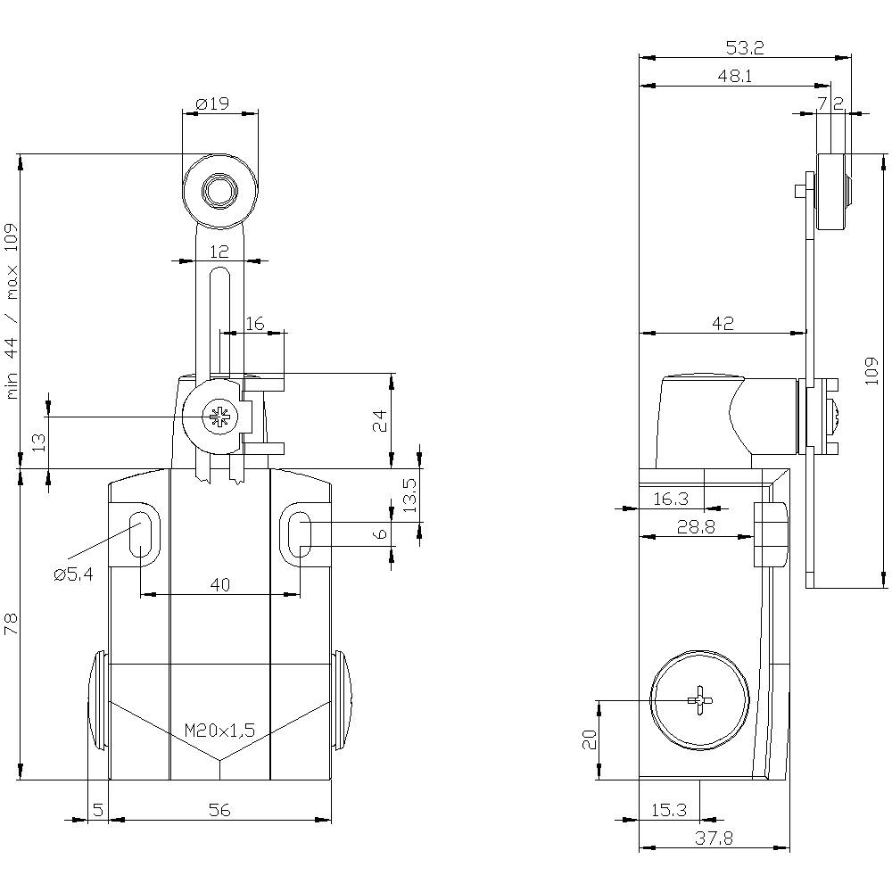 'Technical drawing of a mechanical component with dimensional specifications in millimetres. Side and front view, detailed specifications.'