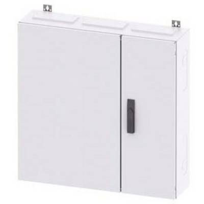 A white metal cabinet with two doors, one with a handle. Mounting hooks at the top, suitable for wall mounting.