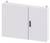 A white wall-mounted cabinet with two doors, a central metal door handle, designed for storage in offices or workshops.