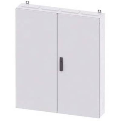 A grey metal cabinet with two doors and a black handle, wall-mounted.