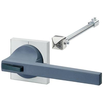 Door handle with modern design, grey with square base. Beside it, an extendable metal support leg, demonstrating functional use.