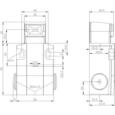 Technical drawing of a plug with dimensions. Front and side view, showing detailed measurement of components in millimetres.