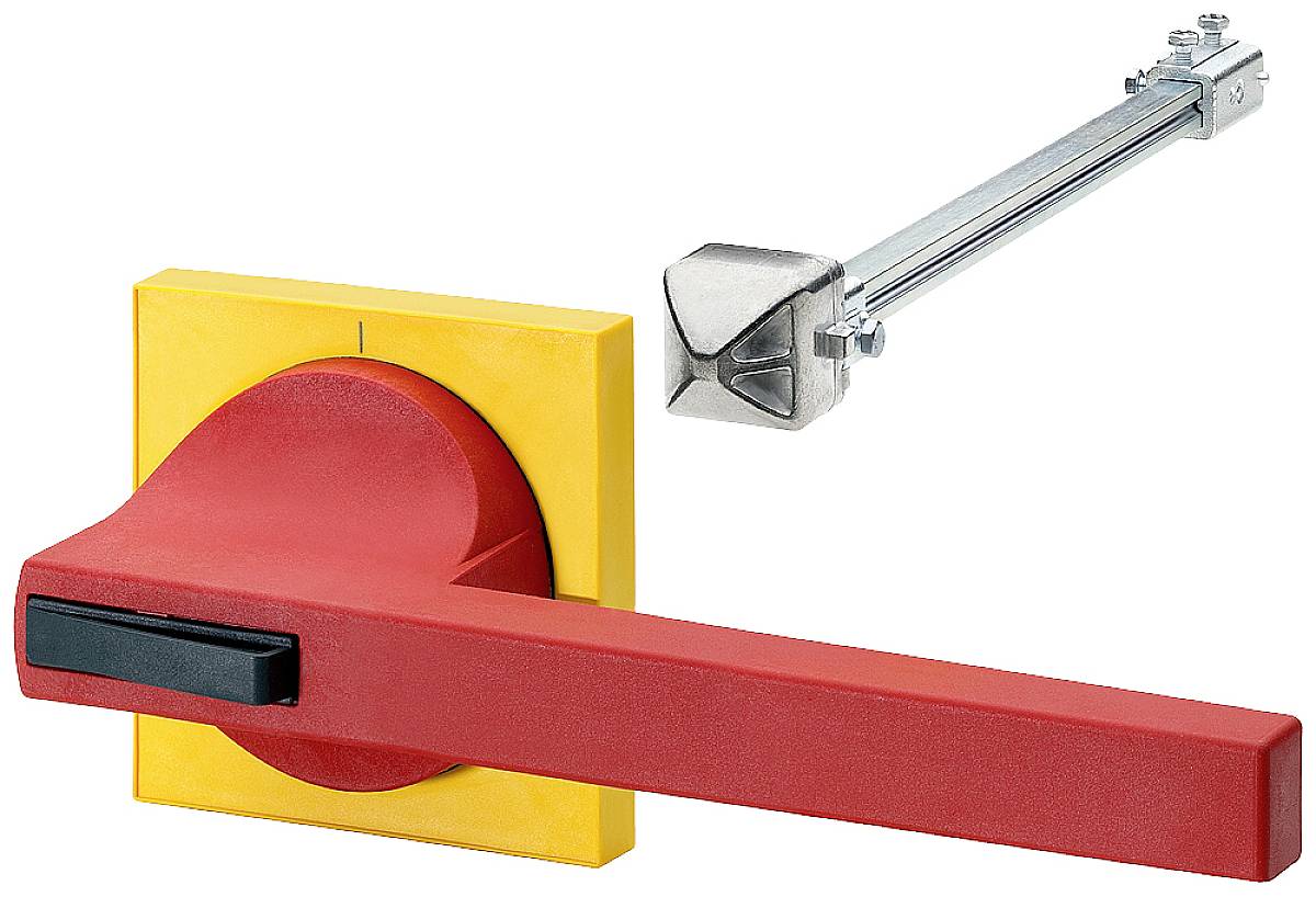 A red safety rotary handle with a yellow base, with a long metal hinge above it. Used for industrial protective measures.