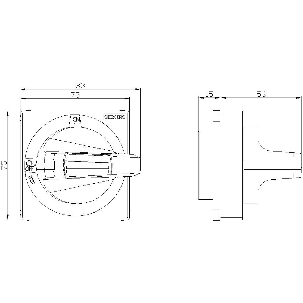 Technical drawing of a switch. Shows front and side view with dimensions: 83x75 mm at front, 15 mm depth. Markings: 'On', 'Off'.
