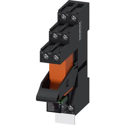 Industrial relay module from Siemens with four terminal connections on top. Visible labels: 'Coil', 'NO', 'NC', 'COM'.