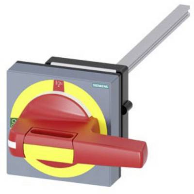 A red switch with a yellow base from Siemens, shown in the 'ON' position. The switch has an elongated handle.