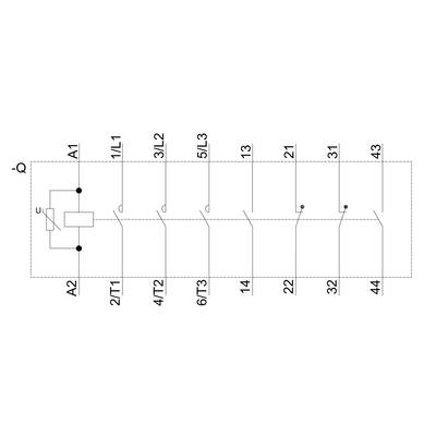 Circuit diagram of a relay with various connections, marked with A1, A2 and numbered terminal numbers from 1L1 to 44.