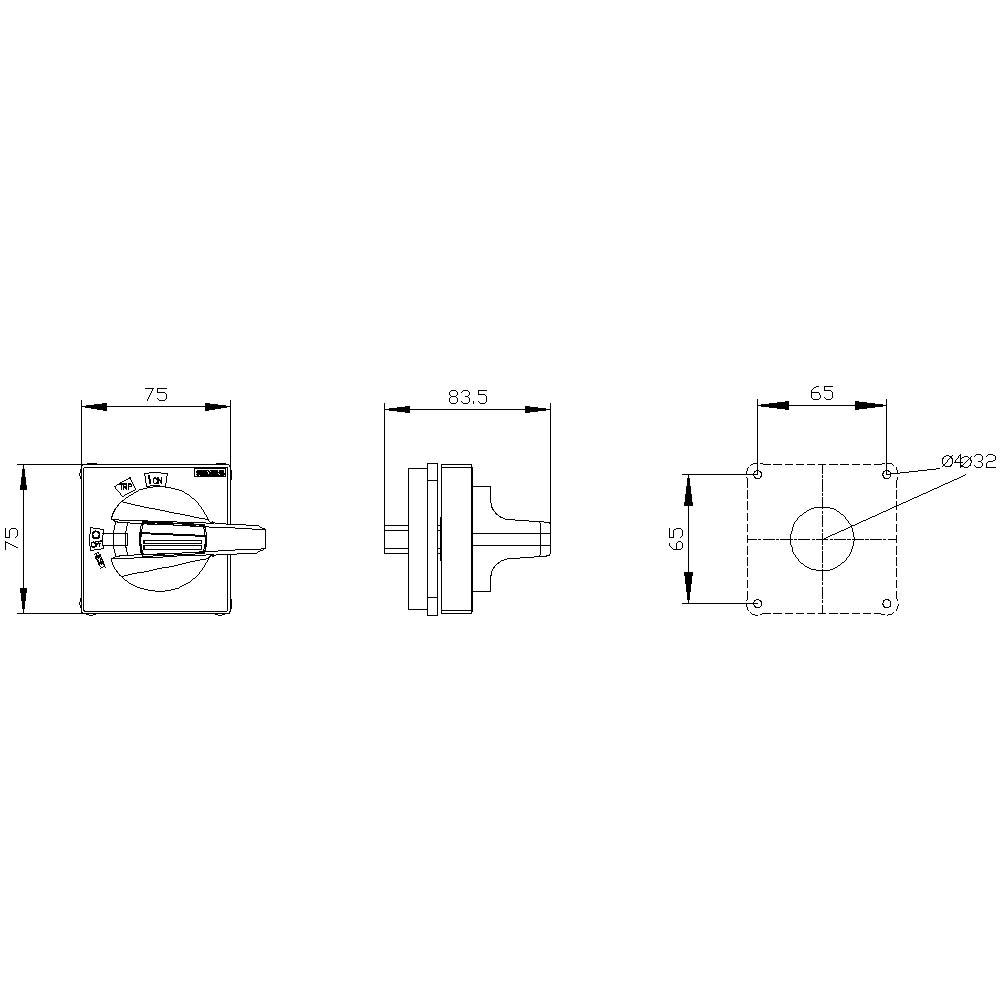 Technical drawing of a switch with front view, side view, and rear view. Dimensions: 75x75 mm, 83.5 mm depth, drilling hole Ø32 mm.