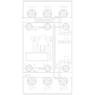 Technical drawing of an electrical switching device with labelled connections and brand names 'Siemens' and 'Sirius'.