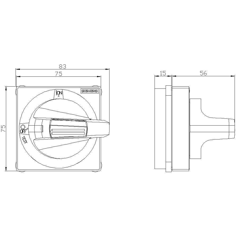 Technical drawing of a switch with dimensions: 75x75 mm external size, 83 mm handle height, 56 mm depth. Markings for On and Off.