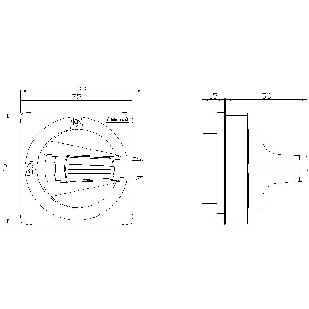 Technical drawing of a switch with dimensional specifications in millimetres: 75x75, 15 deep. Labelled 'ON' and 'OFF'.