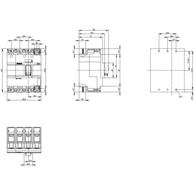 Technical drawing of an electrical component with different views and dimensions in millimetres. Details of size and form.