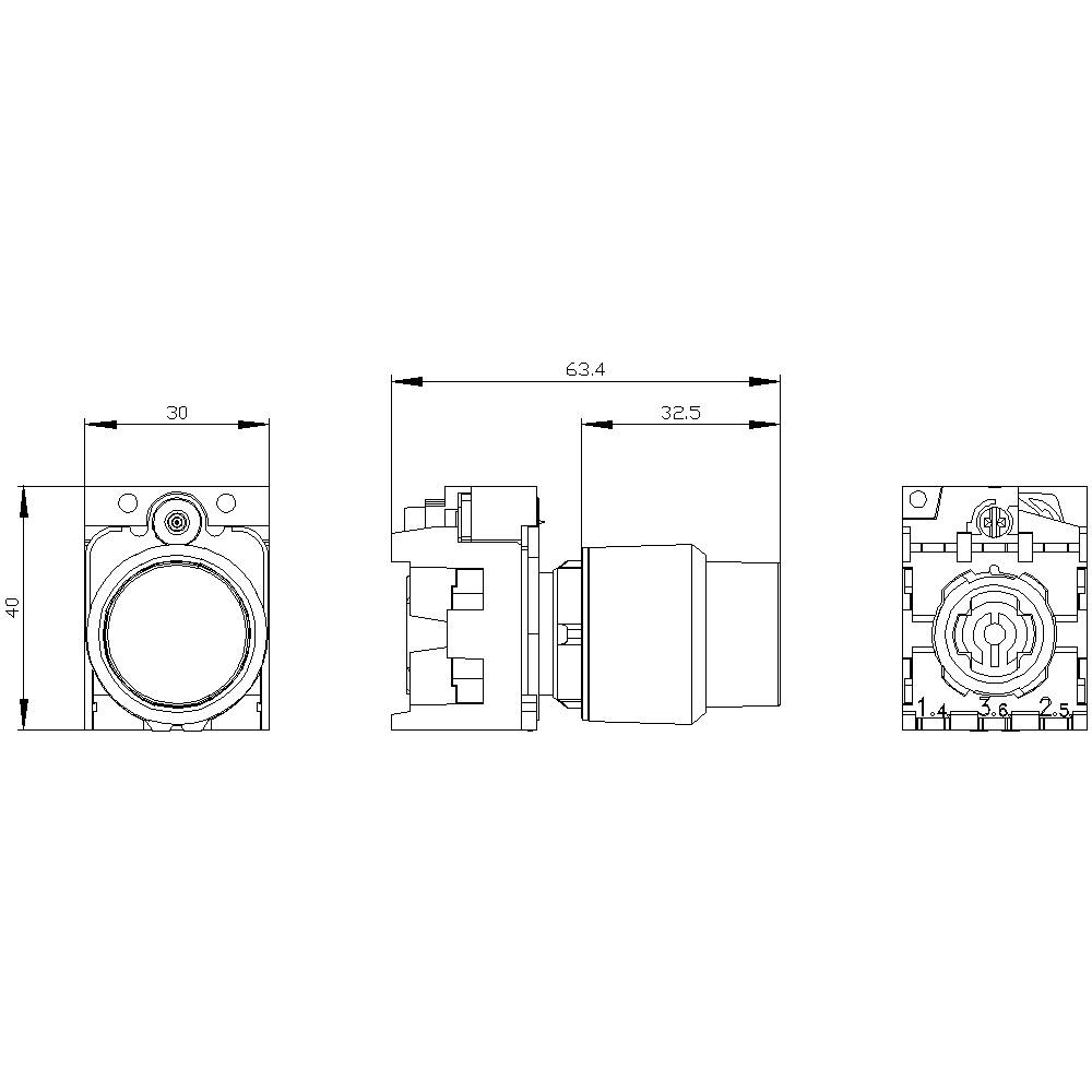 Technical drawing of an electrical component with dimensions: width 30mm, height 40mm, length 63.4mm. Top view and cross-section shown.