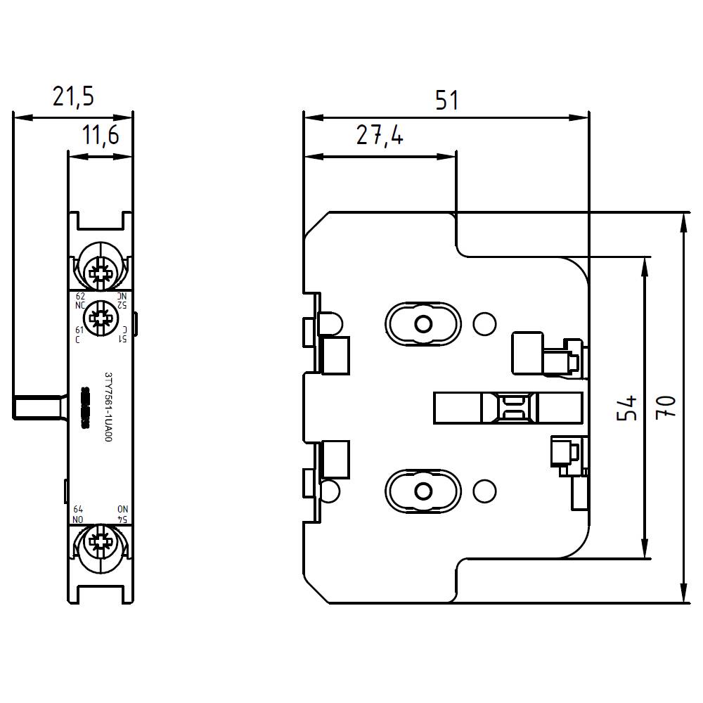 Technical drawing of an electromechanical device, showing front and side views with dimensions: height 70mm, width 21.5mm.