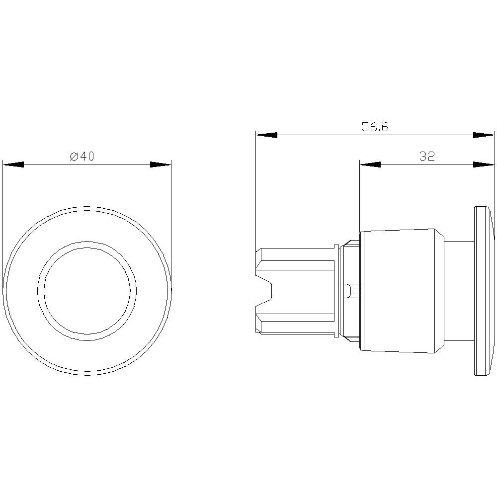 Technical drawing of a cylindrical button with dimensions; diameter 40 mm, total length 56.6 mm, visible length 32 mm.