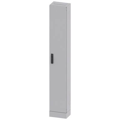 Grey, narrow metal cabinet with one door and a black handle, suitable for storage in offices or workshops.
