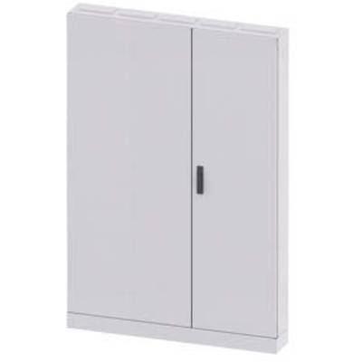 Grey metal cabinet with two doors and a black handle, used for storing items or documents.