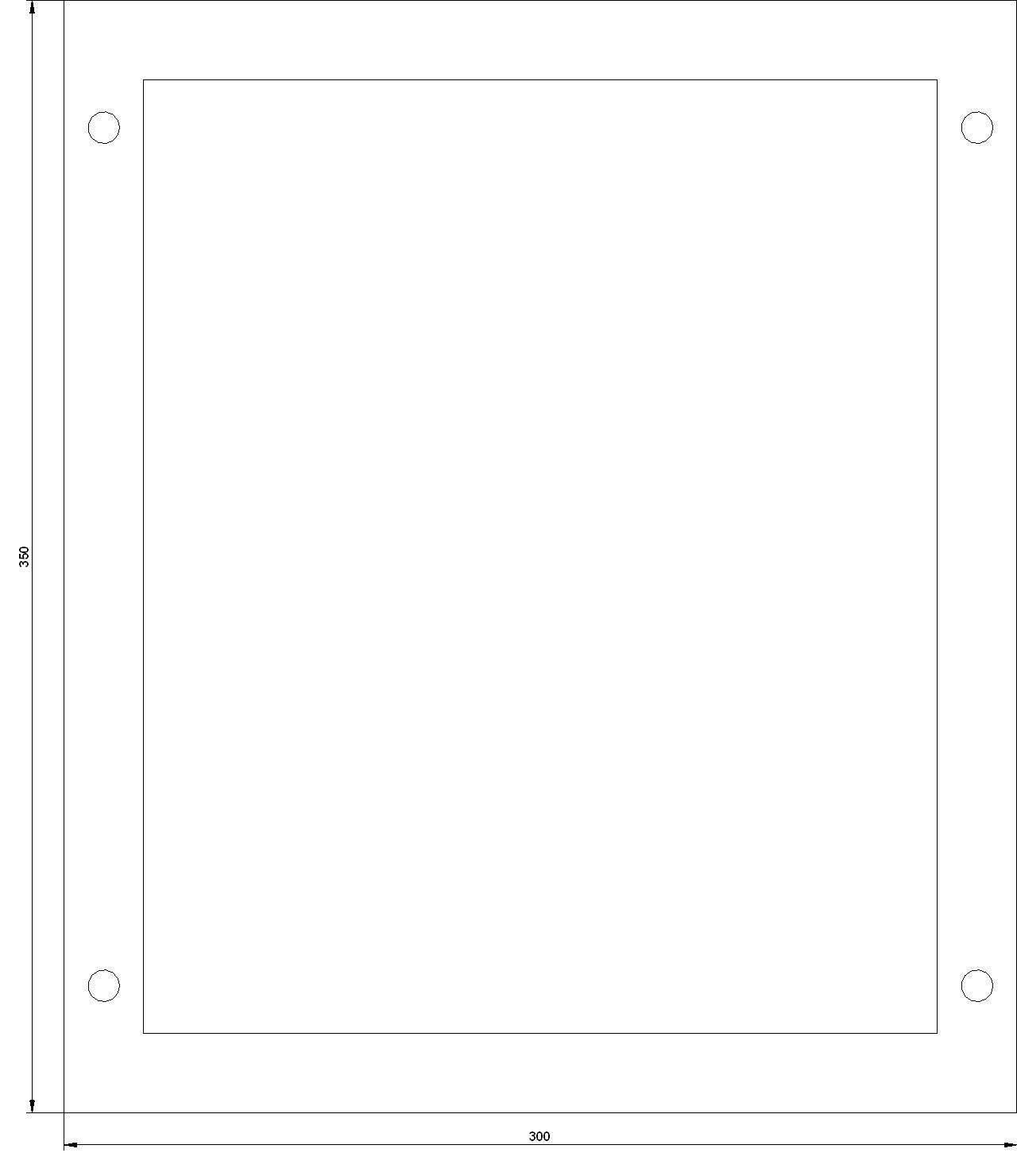 Technical drawing of a rectangular frame with four holes at the corners, side lengths of 300 mm and 350 mm.