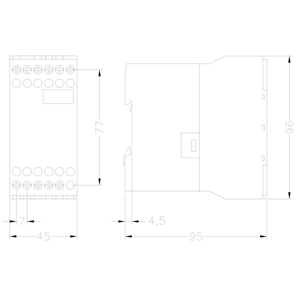 Technical drawing of a rectangular device with dimensions: 77 mm height, 45 mm width, 96 mm depth. Shows connection ports.