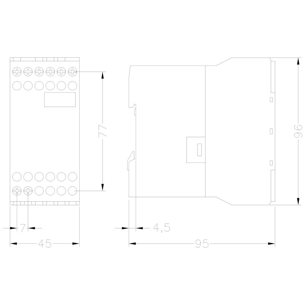Technical drawing of an electronic device with dimensions, front and side views. Dimensions: 77x45x96 mm, side view 4.5x95 mm.