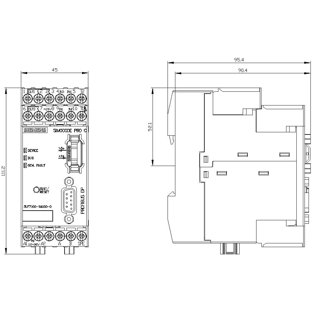 Technical drawing of an electronic module with detailed dimensions. Left view shows connections, side view shows housing shape.