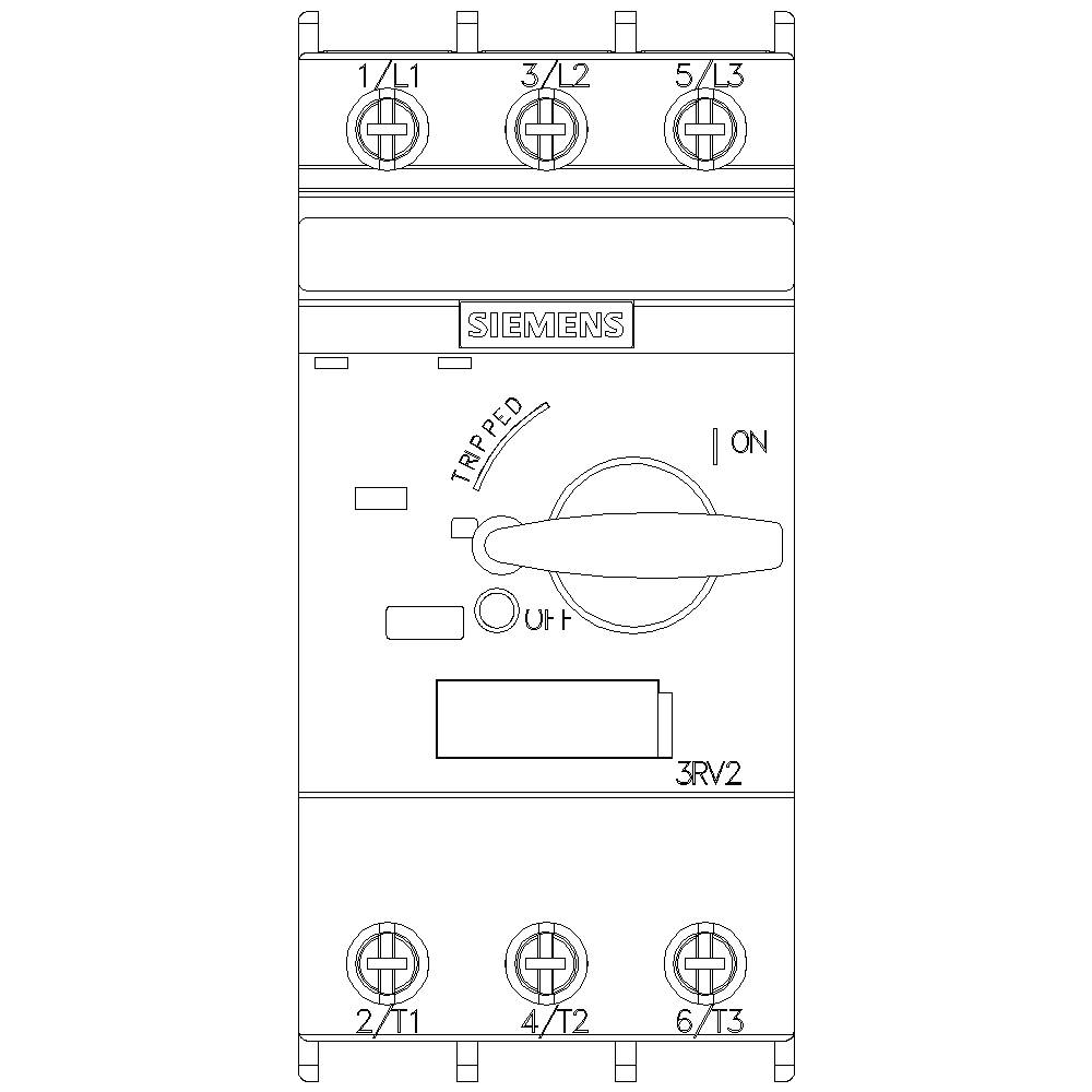 'Off' and 'On' positions of a switch. Top connections 1L1, 3L2, 5L3; bottom 2T1, 4T2, 6T3. Label: Siemens 3RV2.