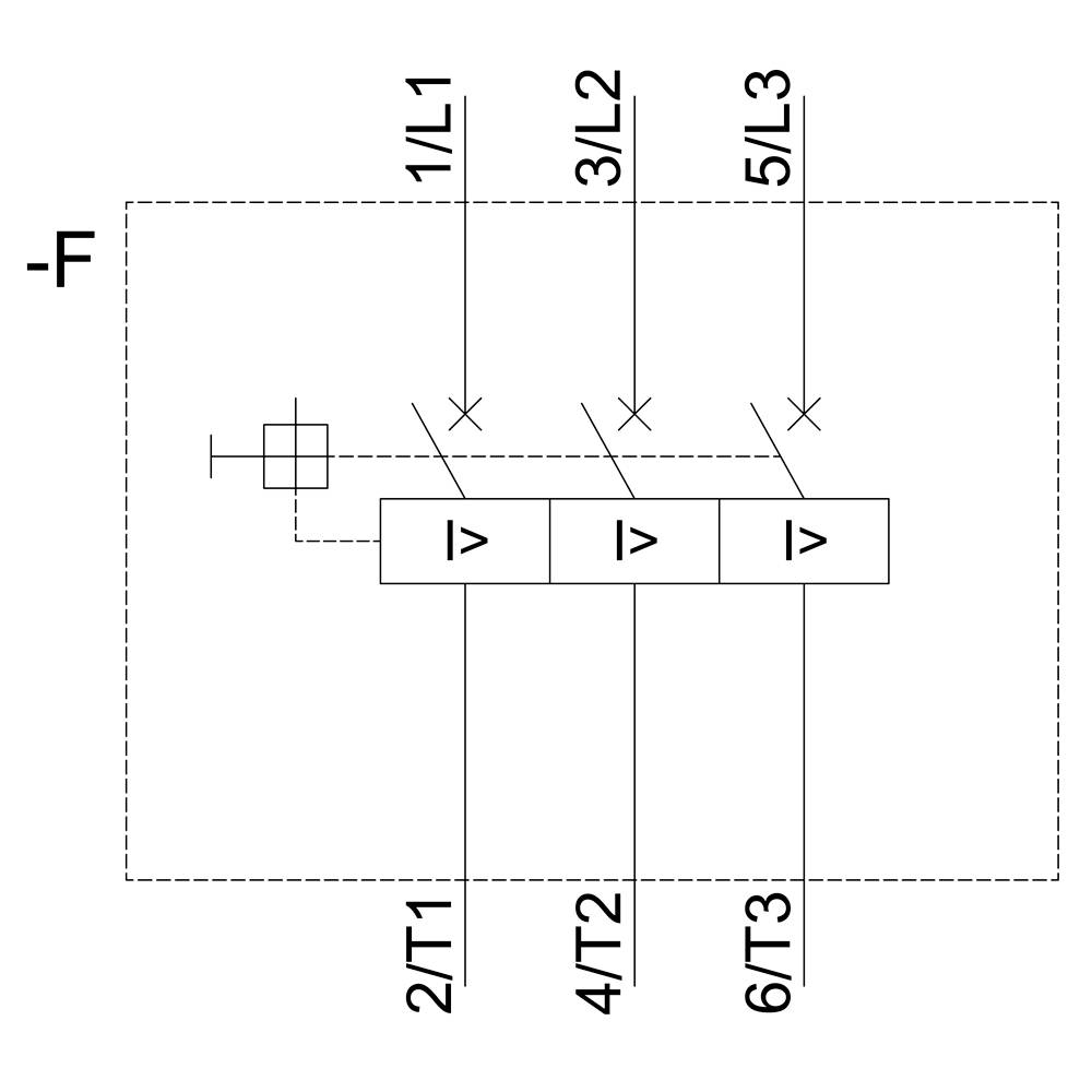Circuit symbol of a safety switching device with six terminal connections, identified as 1/L1, 2/T1, 3/L2, 4/T2, 5/L3, 6/T3.