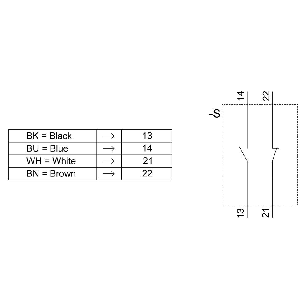 Table shows colour codes and numbers: Black (BK) 13, Blue (BU) 14, White (WH) 21, Brown (BN) 22. A diagram with numbers on the right.