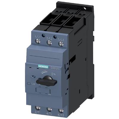 'Siemens Sirius' electrical power switch with a black housing and blue front panel. Switch, test button, and connection terminals visible.
