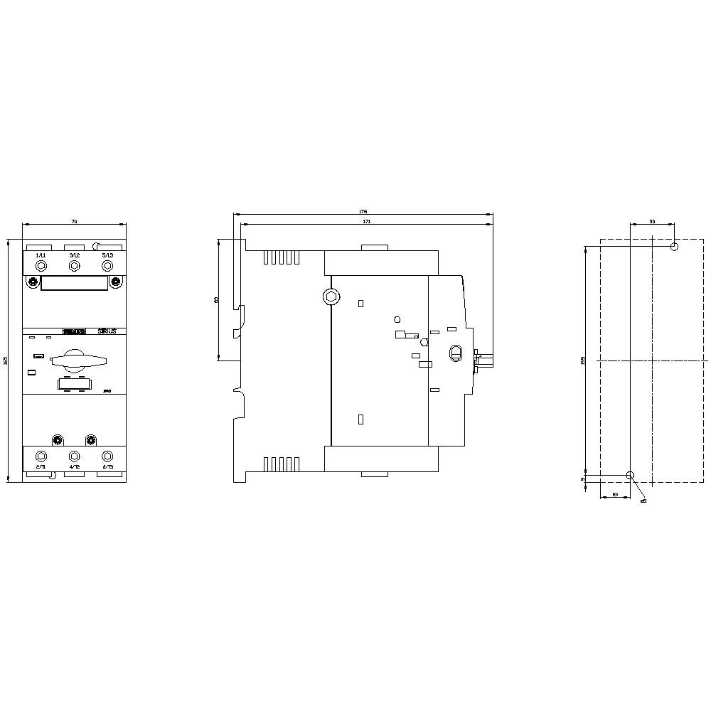 Technical drawing of an electrical component showing front, side, and top views. Dimensions and technical details are indicated.
