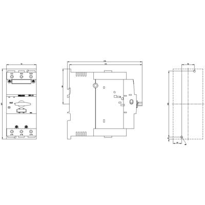 Technical drawing of an electrical switch with three views: Front, Side, and Top. Dimensions and details are shown.