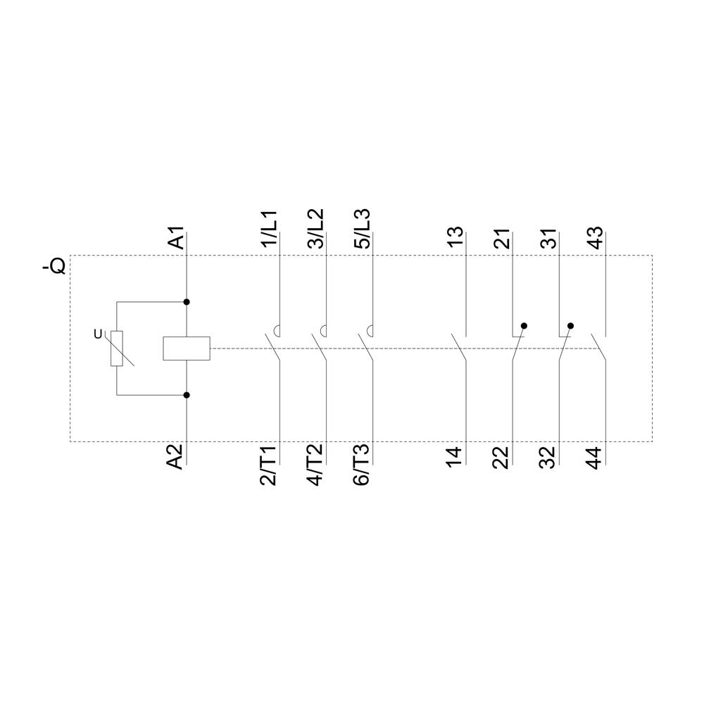 Circuit diagram of an electrical circuit with terminals A1 and A2. Shows current paths from 1/L1, 3/L2, 5/L3 to 2/T1, 4/T2, 6/T3.