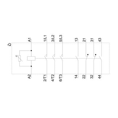 Circuit diagram of an electrical circuit with terminals A1 and A2. Shows current paths from 1/L1, 3/L2, 5/L3 to 2/T1, 4/T2, 6/T3.
