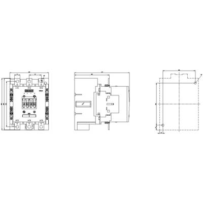 'Triple view of an electrical circuit diagram showing front, side, and top views of a contactor, including connection terminals.'
