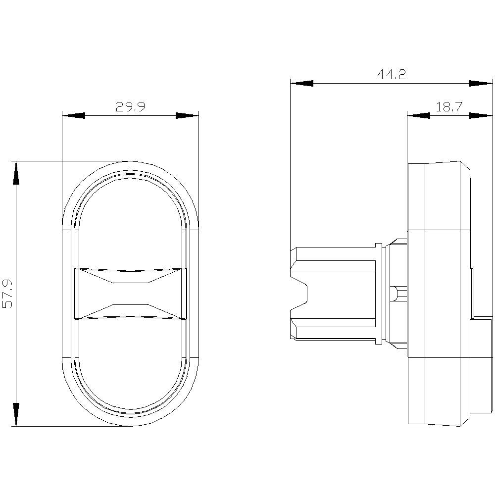 Technical drawing of an oval component with dimensions: Length 57.9 mm, Width 29.9 mm, and Overall Depth 44.2 mm. Side view shows connection mechanism.