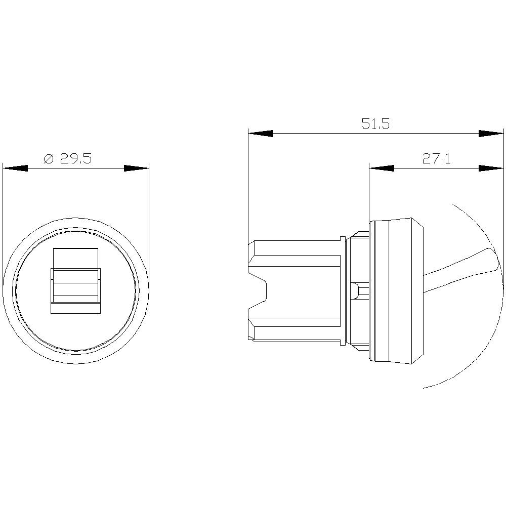 Technical drawing of an electrical component with dimensions: diameter 29.5 mm, length 51.5 mm, side view shows detailed view.