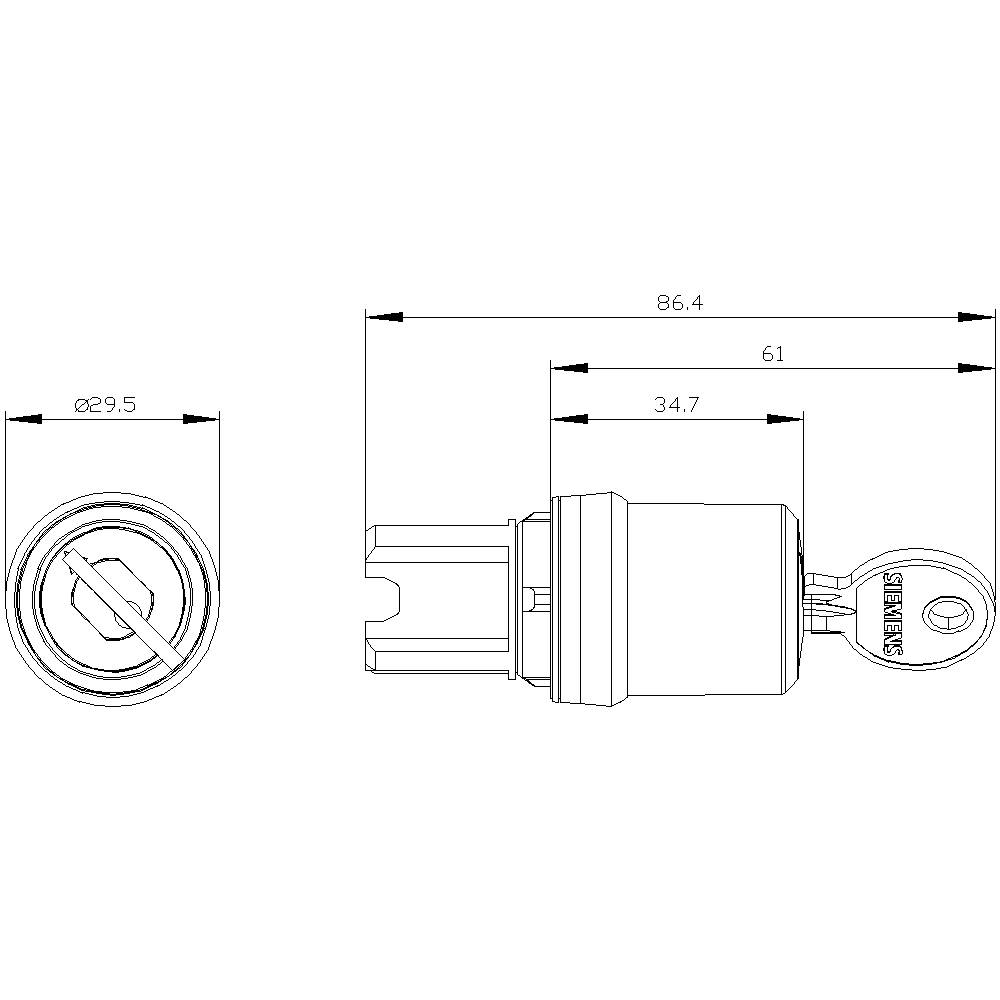 A technical diagram shows the dimensions of a round key switch with a diameter of 29.5 mm and a length of 86.4 mm.