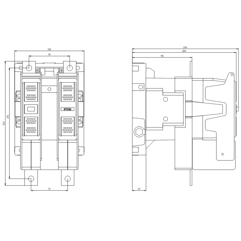 Technical drawing of an electrical switchgear with detailed dimensions. Left-hand view from above, right-hand side view.
